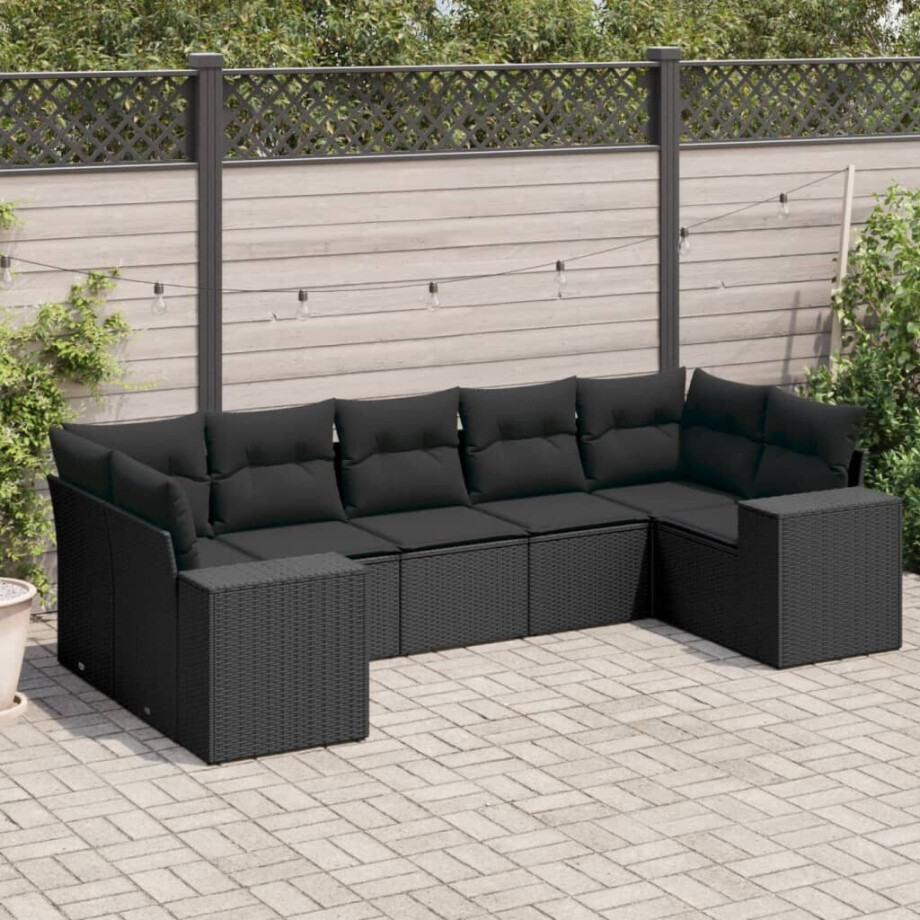 vidaXL 7-delige Loungeset met kussens poly rattan zwart vidaXL 7-delige Loungeset met kussens poly rattan zwart afbeelding 1