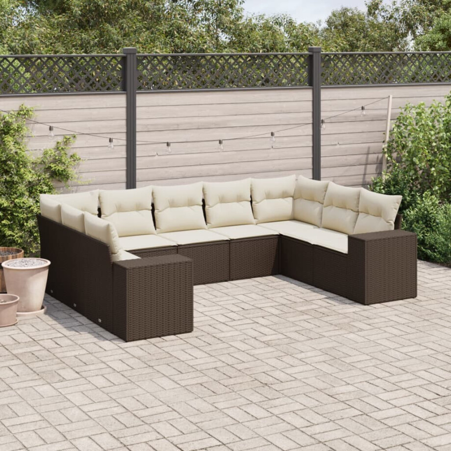 vidaXL 9-delige Loungeset met kussens poly rattan bruin afbeelding 1