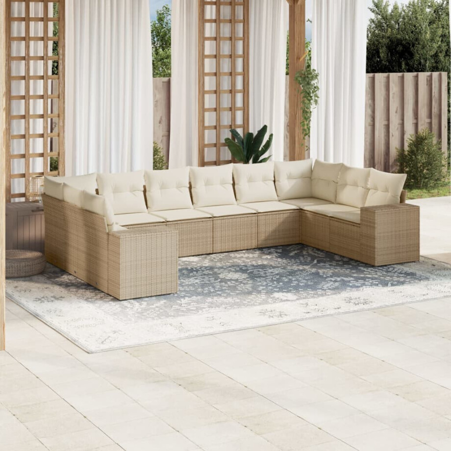 vidaXL 10-delige Loungeset met kussens poly rattan beige vidaXL 10-delige Loungeset met kussens poly rattan beige afbeelding 1