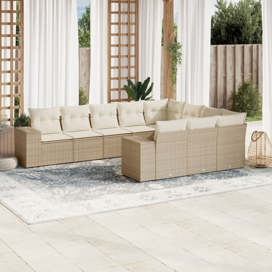 vidaXL 10-delige Loungeset met kussens poly rattan beige vidaXL 10-delige Loungeset met kussens poly rattan beige afbeelding 1