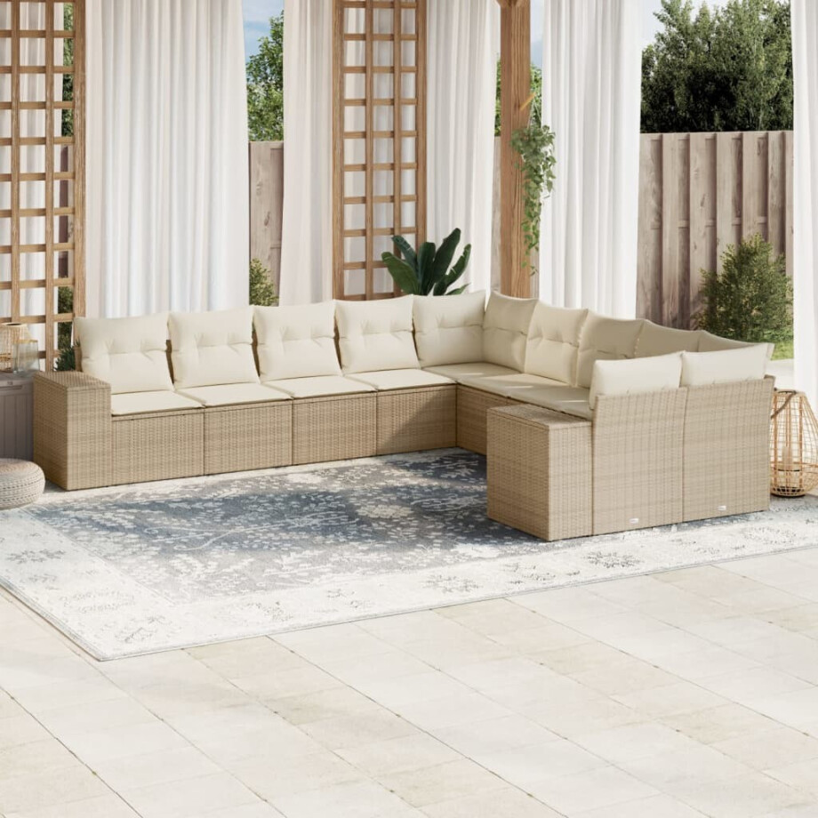 vidaXL 10-delige Loungeset met kussens poly rattan beige vidaXL 10-delige Loungeset met kussens poly rattan beige afbeelding 1