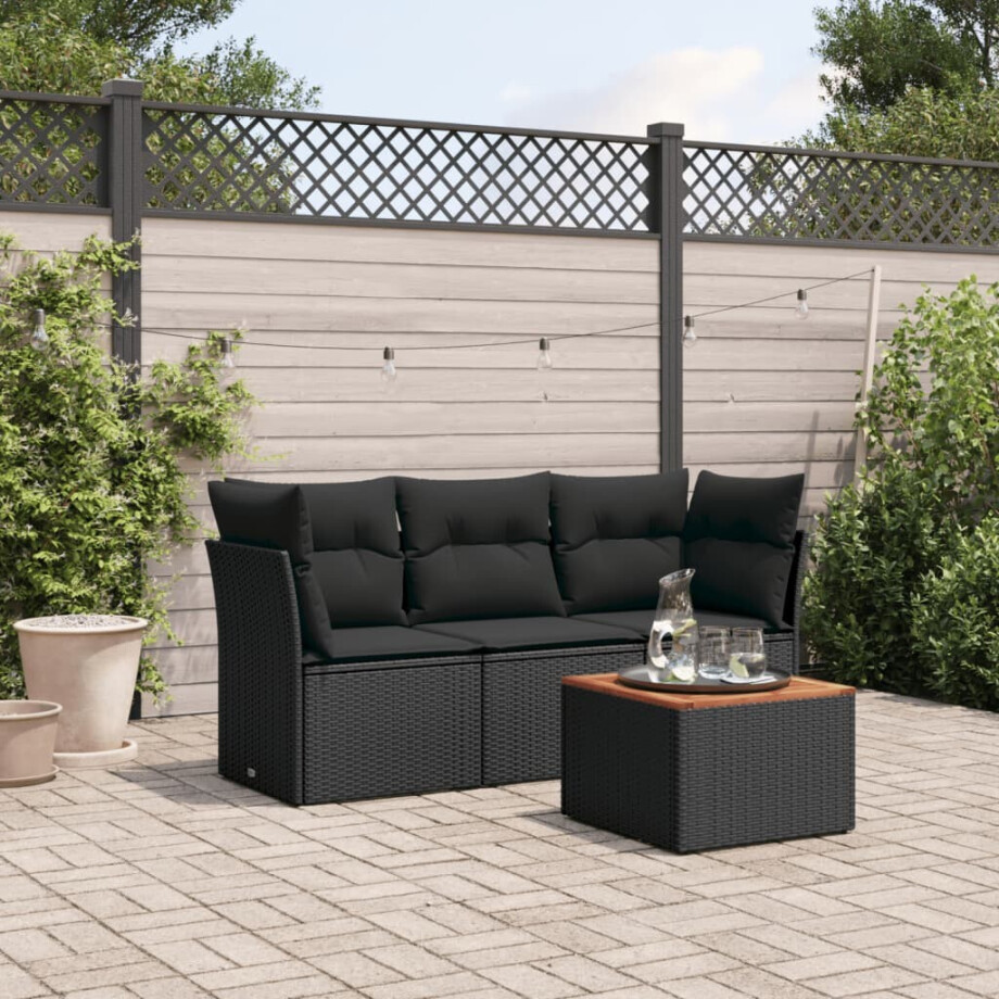 vidaXL 4-delige Loungeset met kussens poly rattan zwart afbeelding 1
