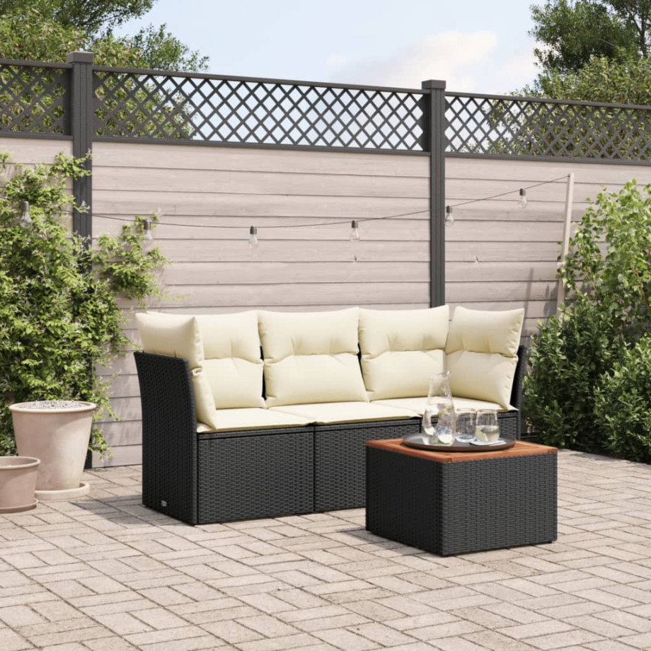 vidaXL 4-delige Loungeset met kussens poly rattan zwart afbeelding 1