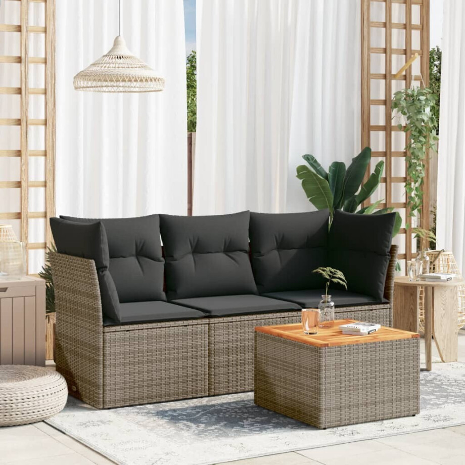 vidaXL 4-delige Loungeset met kussens poly rattan grijs afbeelding 1
