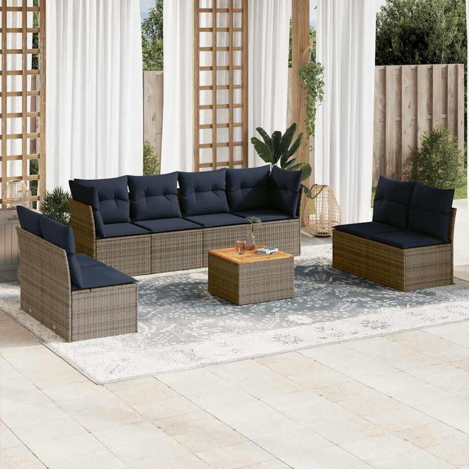 vidaXL 9-delige Loungeset met kussens poly rattan grijs afbeelding 1