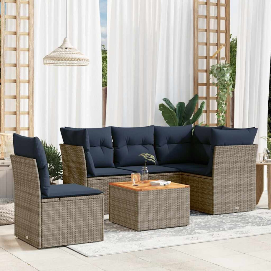 vidaXL 6-delige Loungeset met kussens poly rattan grijs afbeelding 1