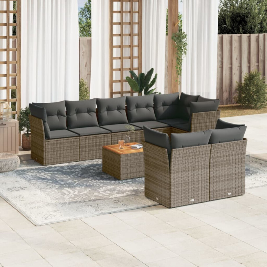 vidaXL 9-delige Loungeset met kussens poly rattan grijs vidaXL 9-delige Loungeset met kussens poly rattan grijs afbeelding 1