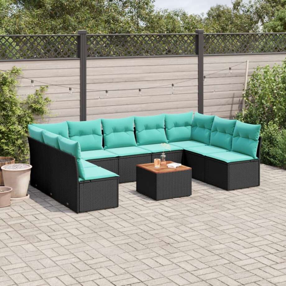vidaXL 10-delige Loungeset met kussens poly rattan zwart vidaXL 10-delige Loungeset met kussens poly rattan zwart afbeelding 1