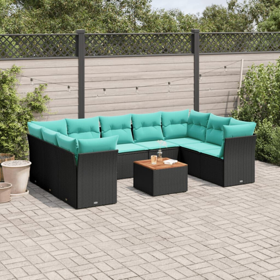 vidaXL 10-delige Loungeset met kussens poly rattan zwart afbeelding 1