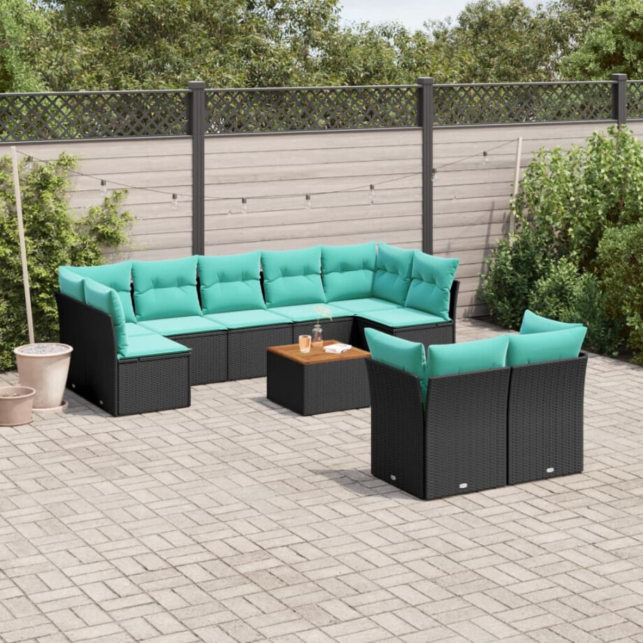 vidaXL 10-delige Loungeset met kussens poly rattan zwart afbeelding 1