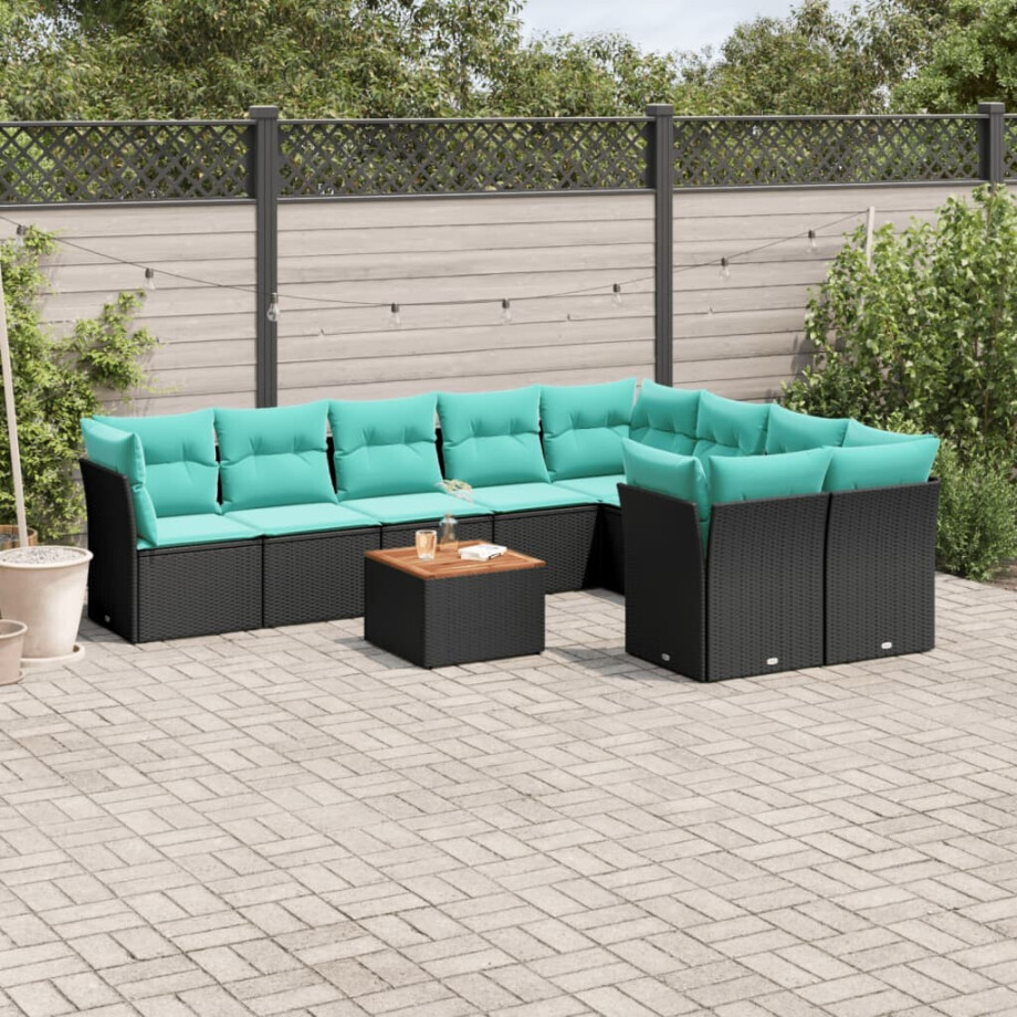 vidaXL 10-delige Loungeset met kussens poly rattan zwart afbeelding 1