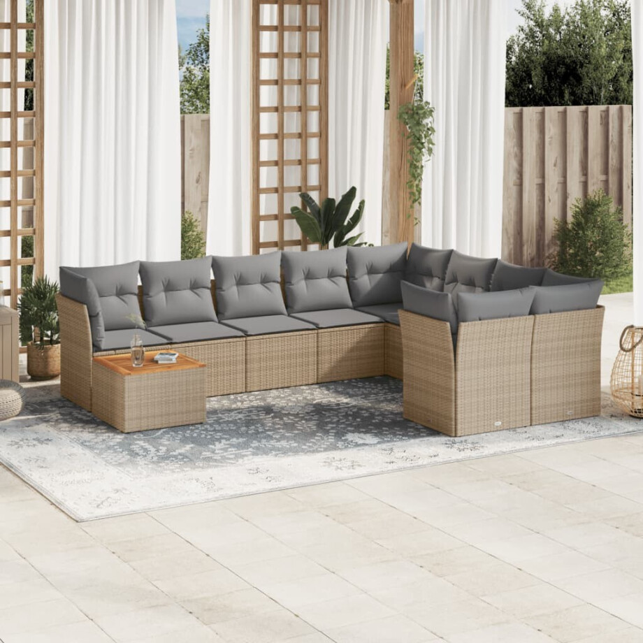 vidaXL 10-delige Loungeset met kussens poly rattan gemengd beige afbeelding 1