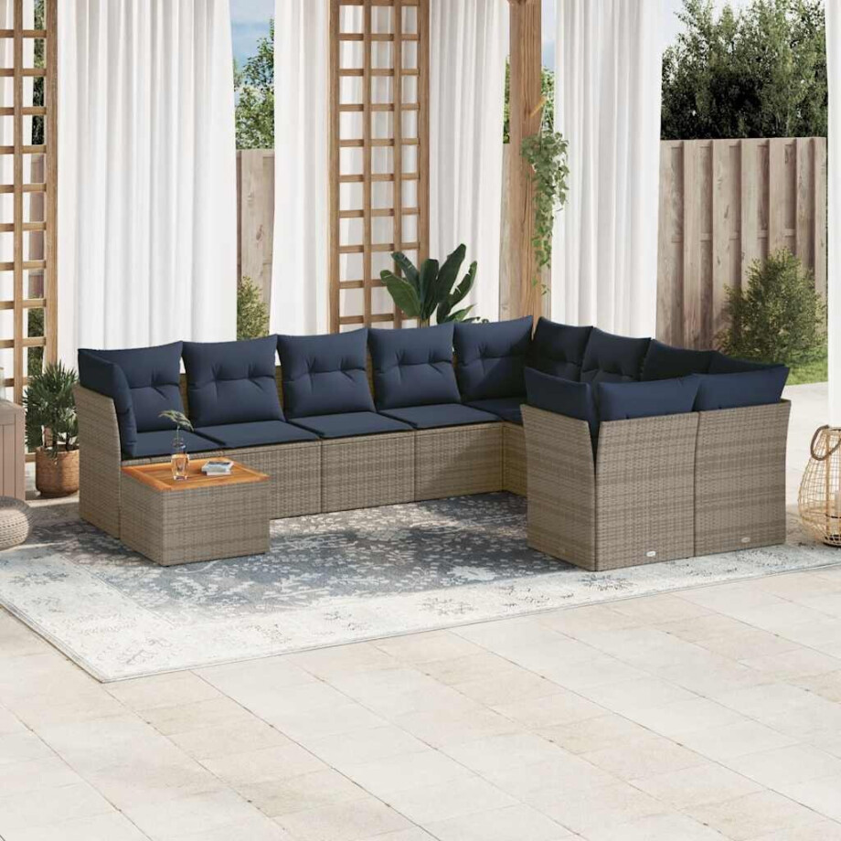 vidaXL 10-delige Loungeset met kussens poly rattan grijs afbeelding 1