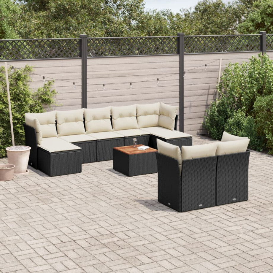 vidaXL 10-delige Loungeset met kussens poly rattan zwart afbeelding 1