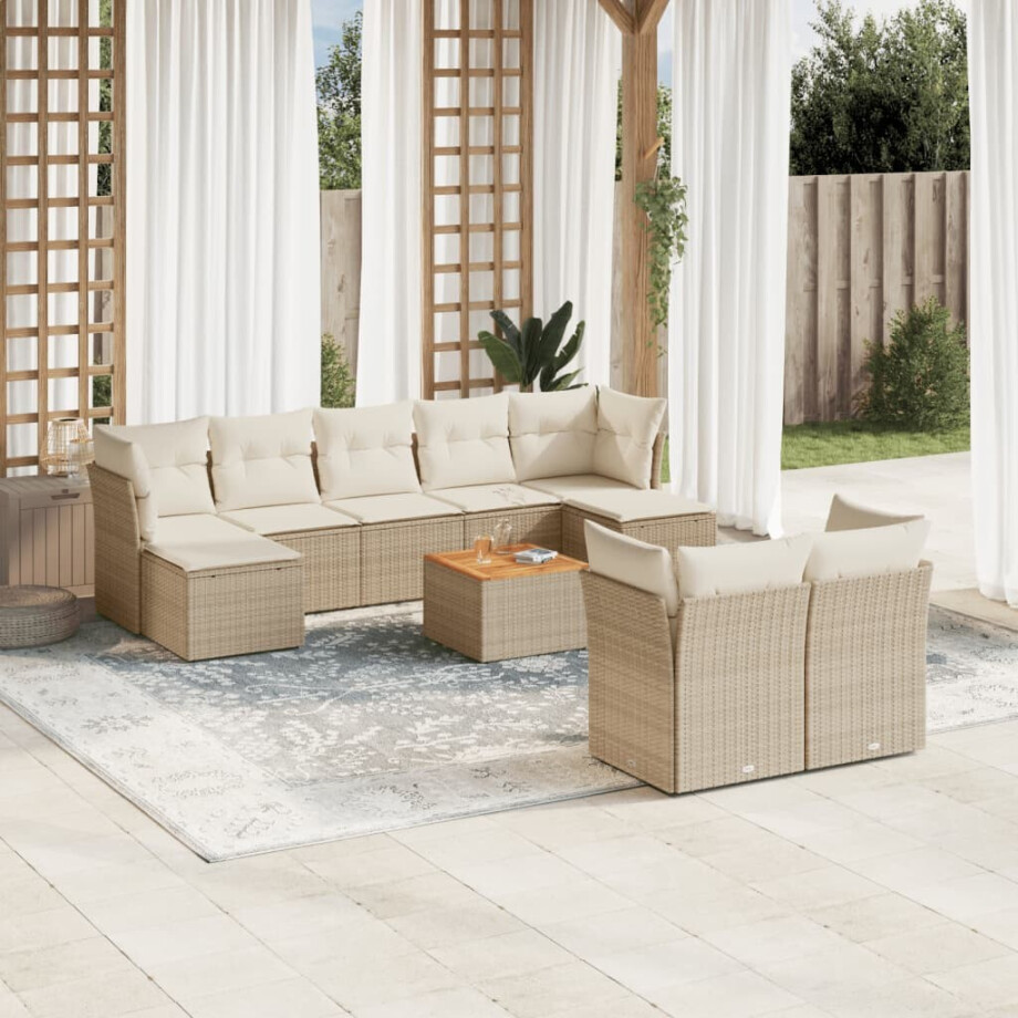 vidaXL 10-delige Loungeset met kussens poly rattan beige vidaXL 10-delige Loungeset met kussens poly rattan beige afbeelding 1