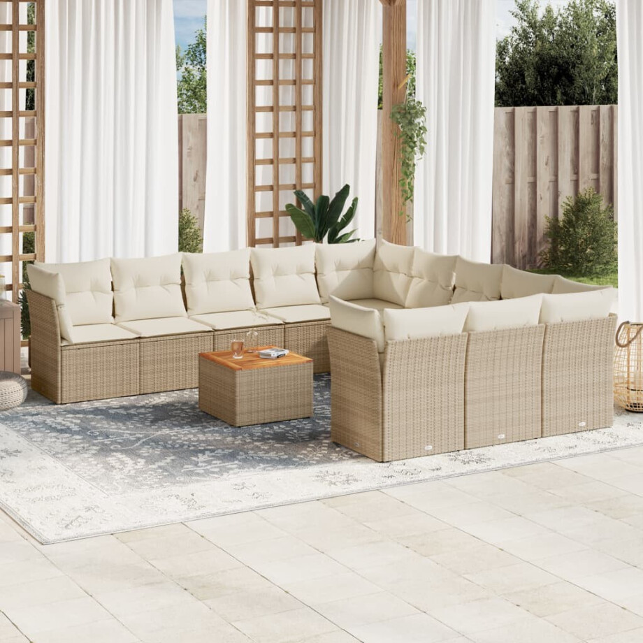 vidaXL 12-delige Loungeset met kussens poly rattan beige afbeelding 1