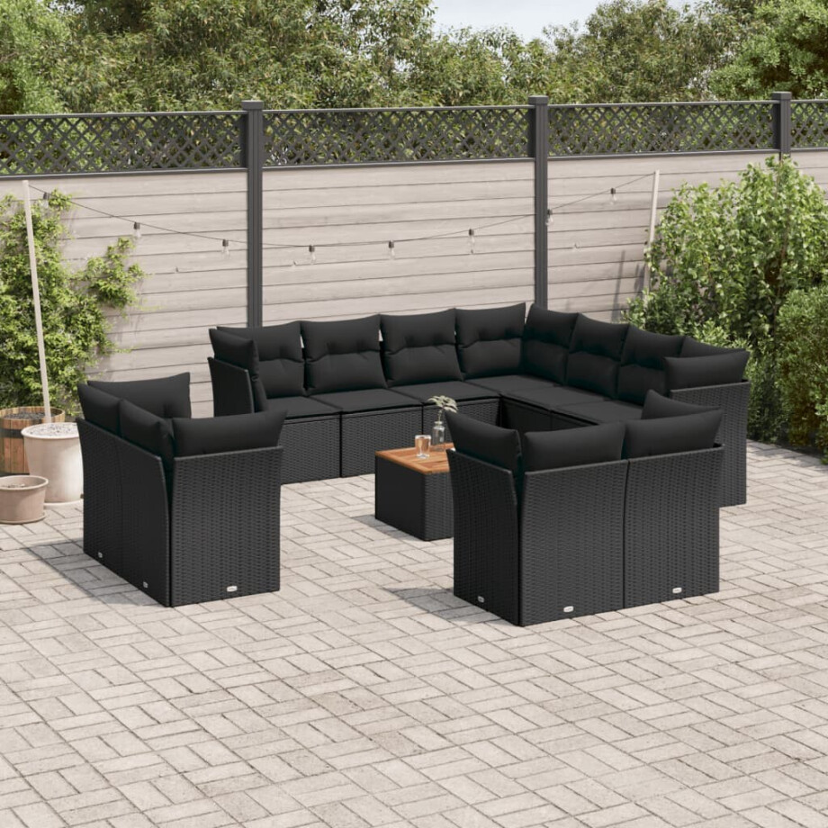 vidaXL 12-delige Loungeset met kussens poly rattan zwart afbeelding 1