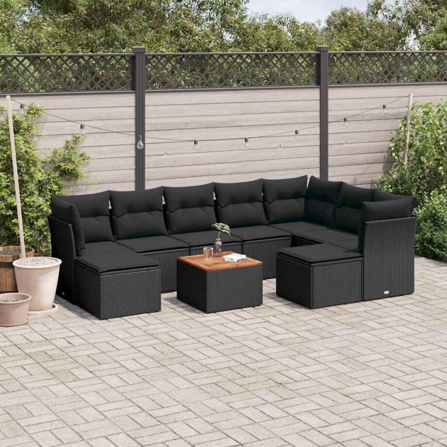 vidaXL 10-delige Loungeset met kussens poly rattan zwart afbeelding 1