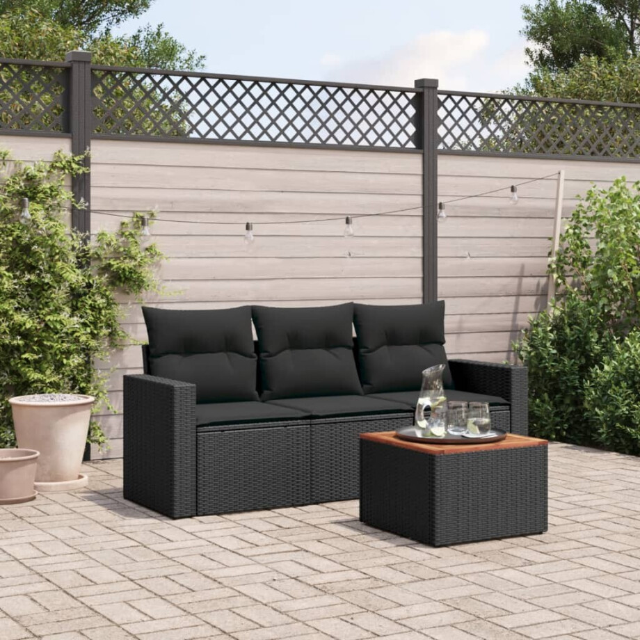 vidaXL 4-delige Loungeset met kussens poly rattan zwart afbeelding 1