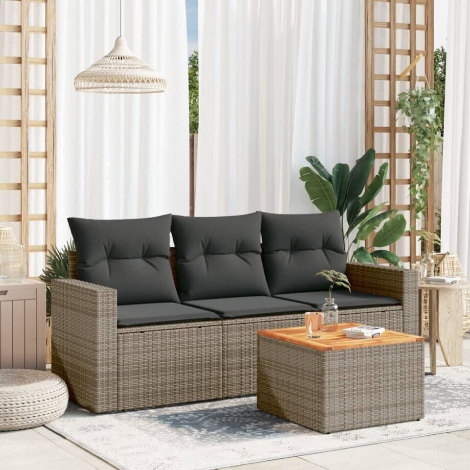 vidaXL 4-delige Loungeset met kussens poly rattan grijs afbeelding 1
