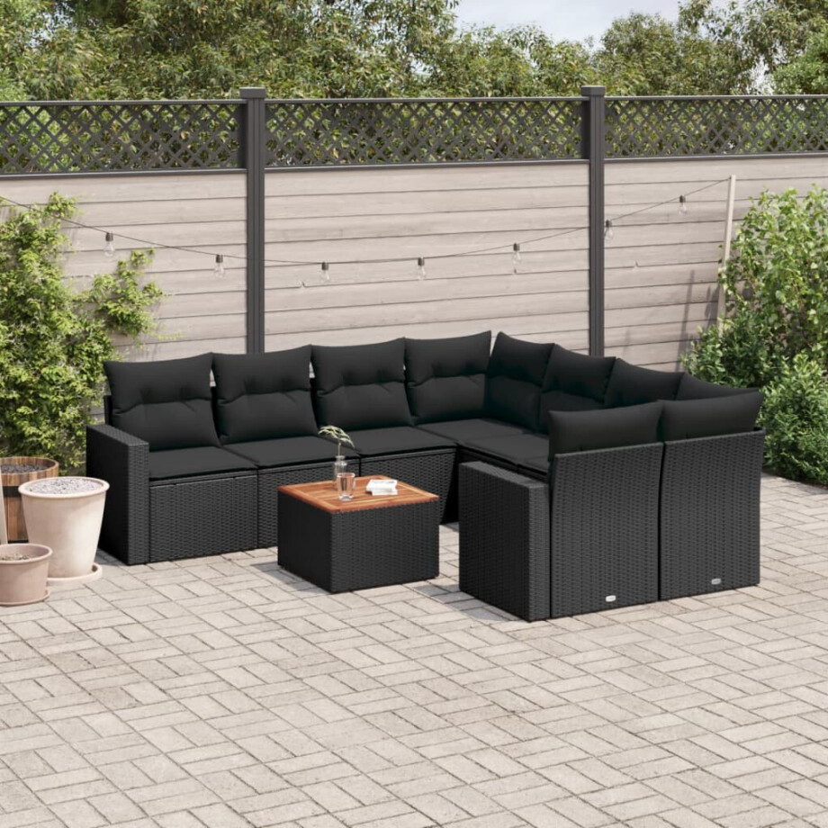 vidaXL 9-delige Loungeset met kussens poly rattan zwart vidaXL 9-delige Loungeset met kussens poly rattan zwart afbeelding 1