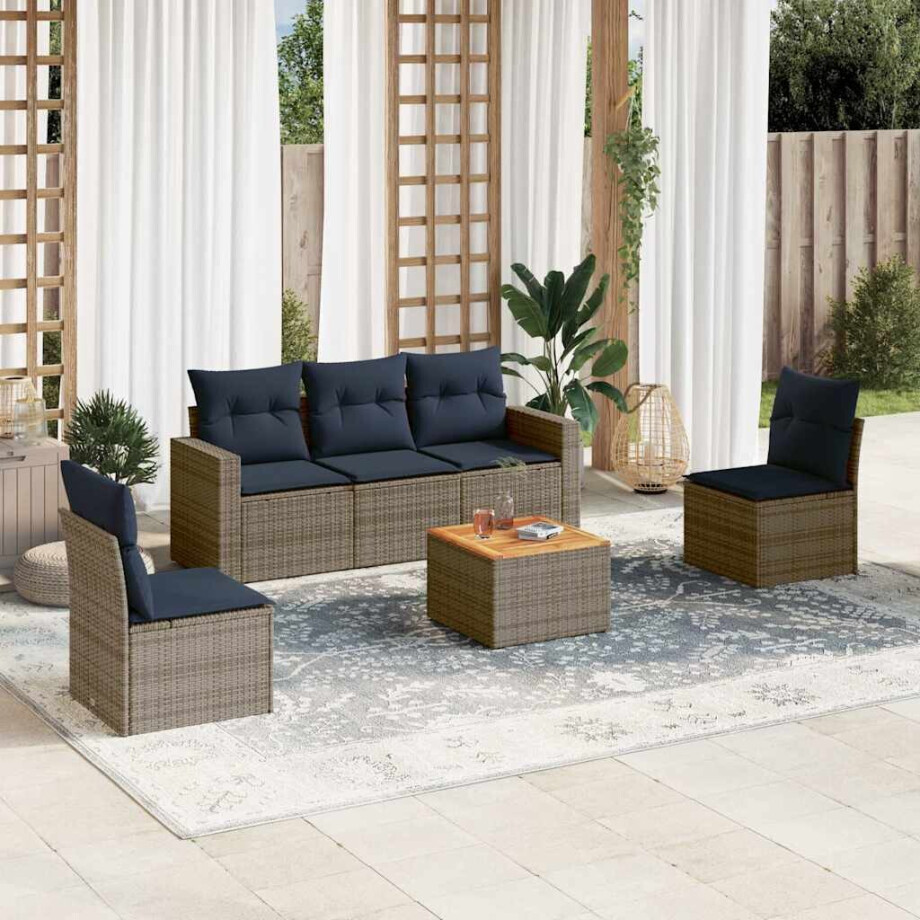 vidaXL 6-delige Loungeset met kussens poly rattan grijs afbeelding 1