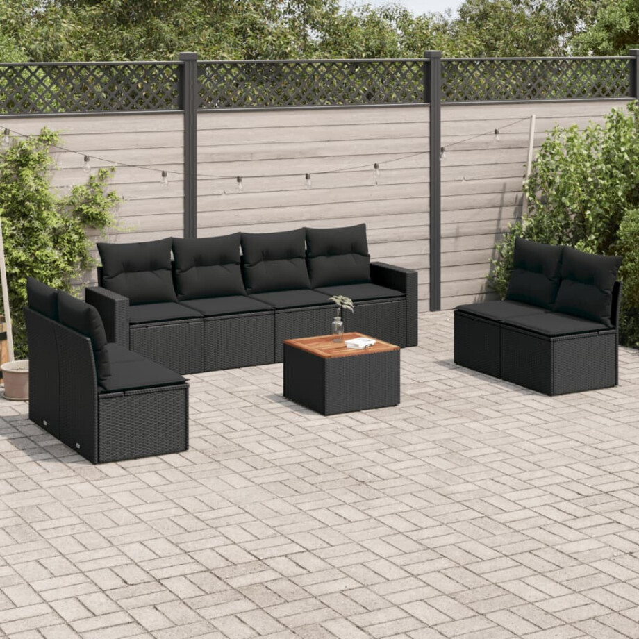 vidaXL 9-delige Loungeset met kussens poly rattan zwart vidaXL 9-delige Loungeset met kussens poly rattan zwart afbeelding 1