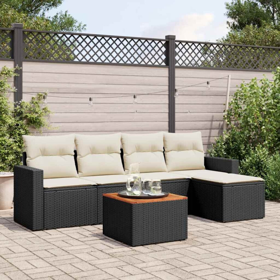 vidaXL 6-delige Loungeset met kussens poly rattan zwart afbeelding 1