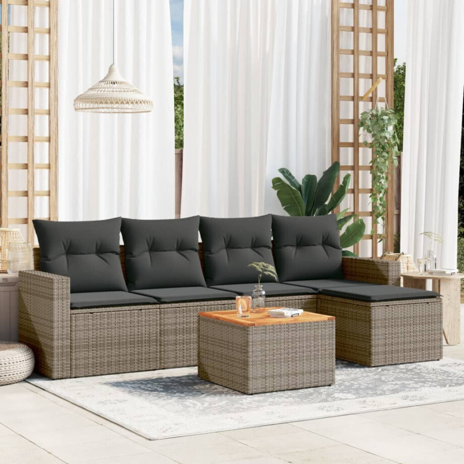 vidaXL 6-delige Loungeset met kussens poly rattan grijs afbeelding 1