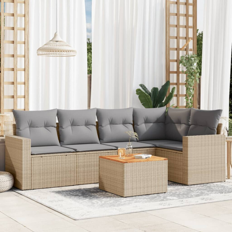 vidaXL 6-delige Loungeset met kussens poly rattan gemengd beige vidaXL 6-delige Loungeset met kussens poly rattan gemengd beige afbeelding 1