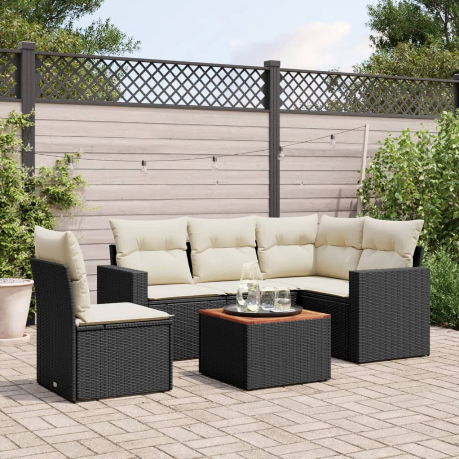 vidaXL 6-delige Loungeset met kussens poly rattan zwart afbeelding 1