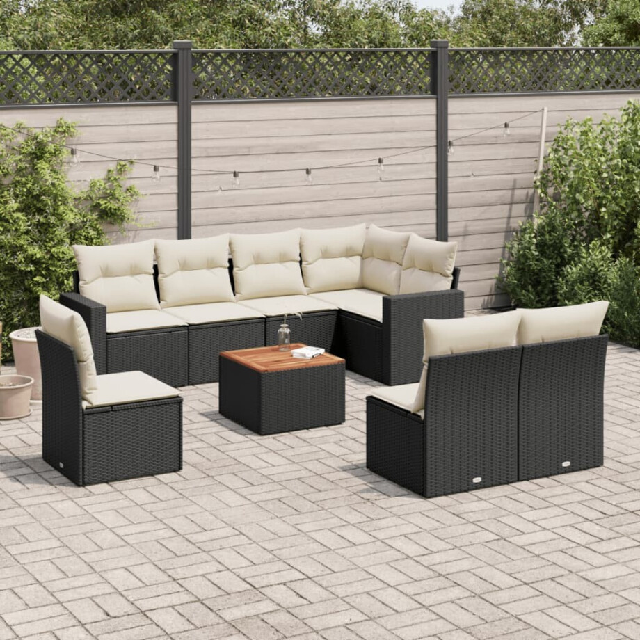 vidaXL 9-delige Loungeset met kussens poly rattan zwart vidaXL 9-delige Loungeset met kussens poly rattan zwart afbeelding 1