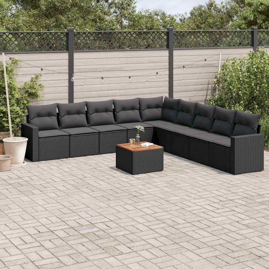 vidaXL 10-delige Loungeset met kussens poly rattan zwart afbeelding 1