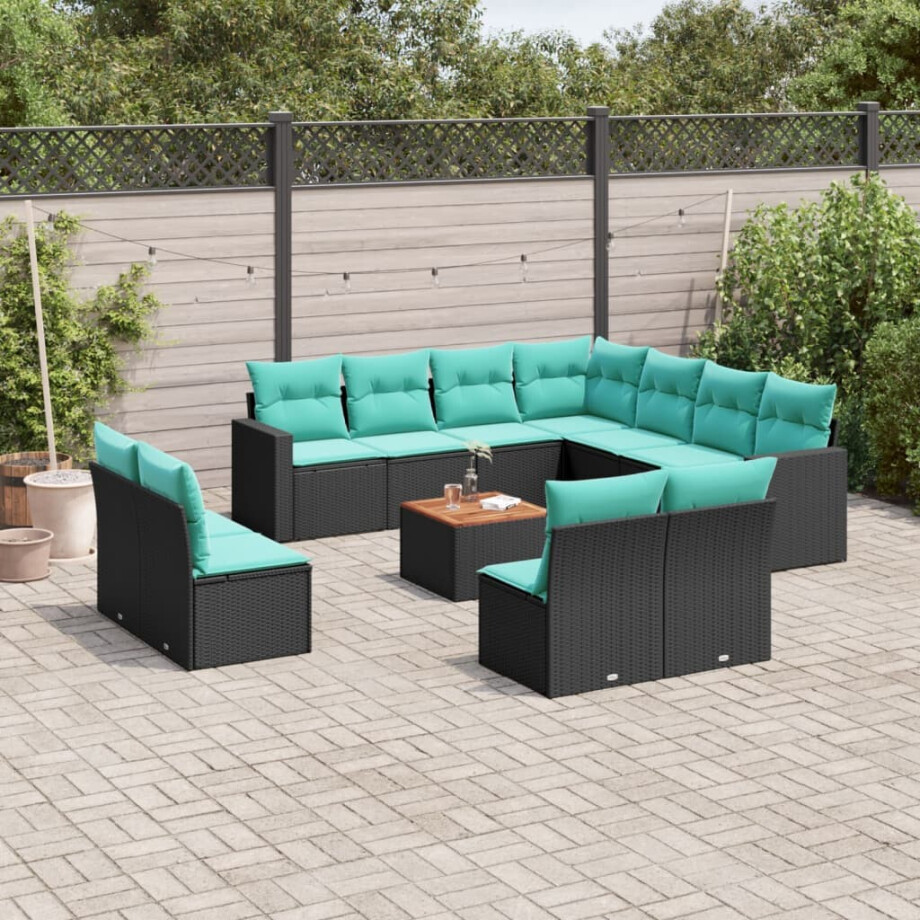 vidaXL 12-delige Loungeset met kussens poly rattan zwart afbeelding 1