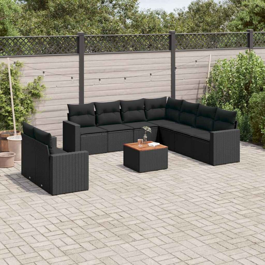vidaXL 10-delige Loungeset met kussens poly rattan zwart afbeelding 1