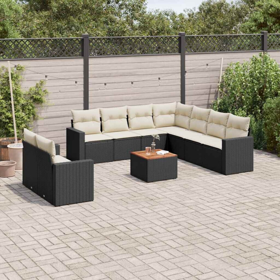 vidaXL 10-delige Loungeset met kussens poly rattan zwart afbeelding 1
