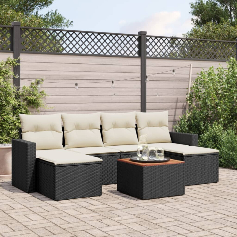 vidaXL 7-delige Loungeset met kussens poly rattan zwart vidaXL 7-delige Loungeset met kussens poly rattan zwart afbeelding 1