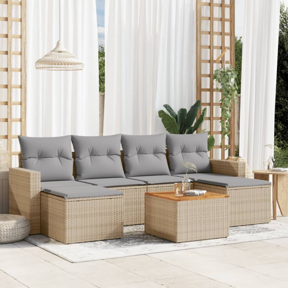 vidaXL 7-delige Loungeset met kussens poly rattan gemengd beige afbeelding 1