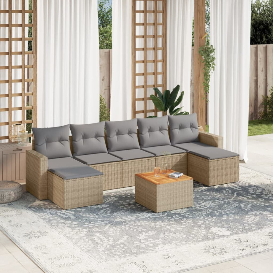 vidaXL 8-delige Loungeset met kussens poly rattan gemengd beige afbeelding 1