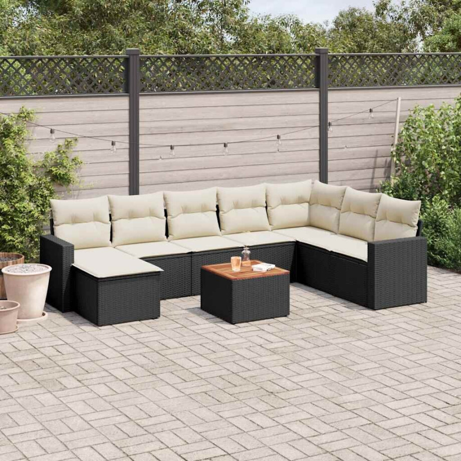 vidaXL 9-delige Loungeset met kussens poly rattan zwart vidaXL 9-delige Loungeset met kussens poly rattan zwart afbeelding 1