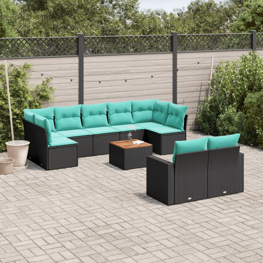 vidaXL 10-delige Loungeset met kussens poly rattan zwart afbeelding 1