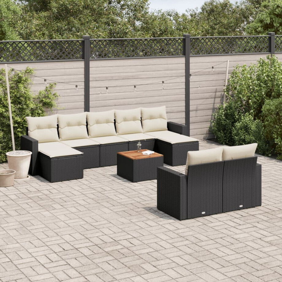 vidaXL 10-delige Loungeset met kussens poly rattan zwart afbeelding 1