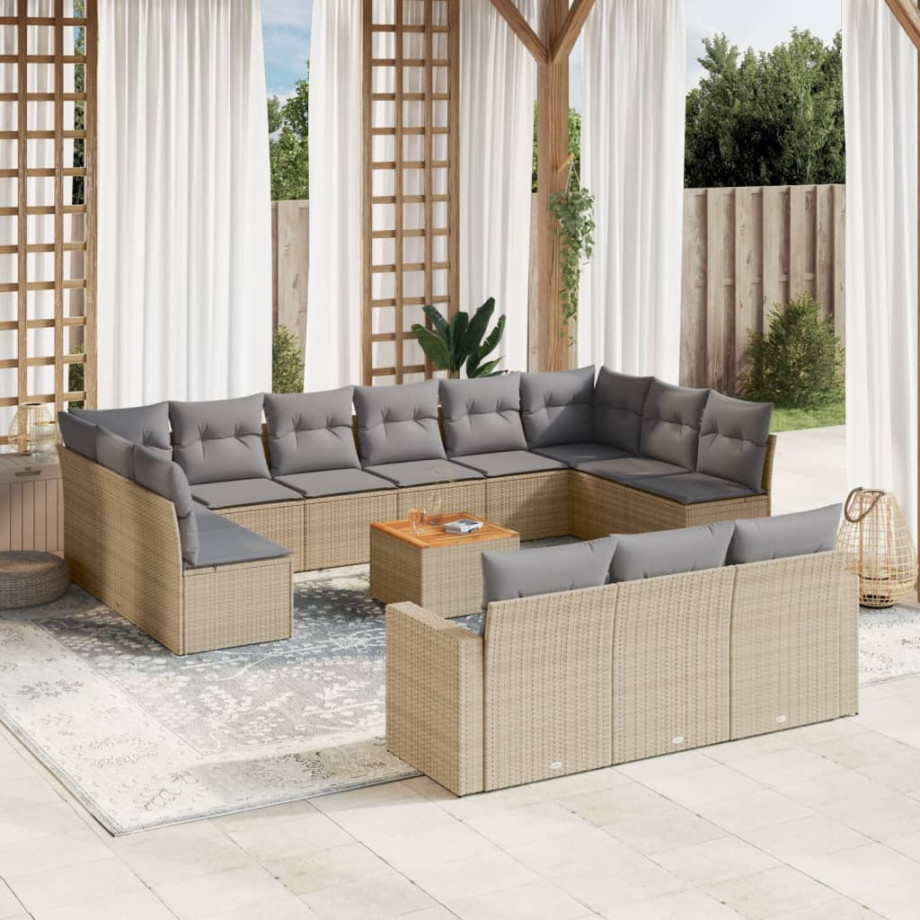 vidaXL 14-delige Loungeset met kussens poly rattan gemengd beige afbeelding 1