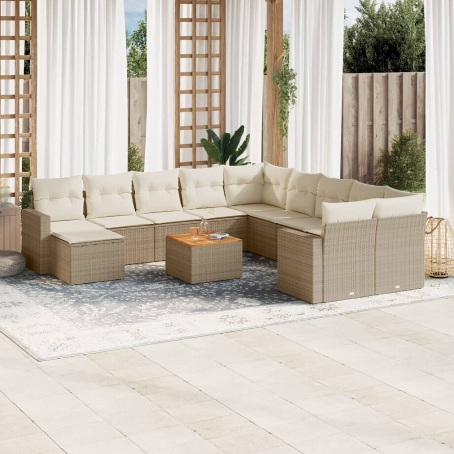 vidaXL 12-delige Loungeset met kussens poly rattan beige vidaXL 12-delige Loungeset met kussens poly rattan beige afbeelding 1