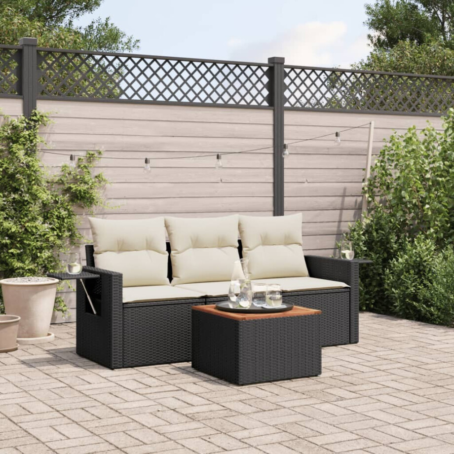 vidaXL 4-delige Loungeset met kussens poly rattan zwart afbeelding 1