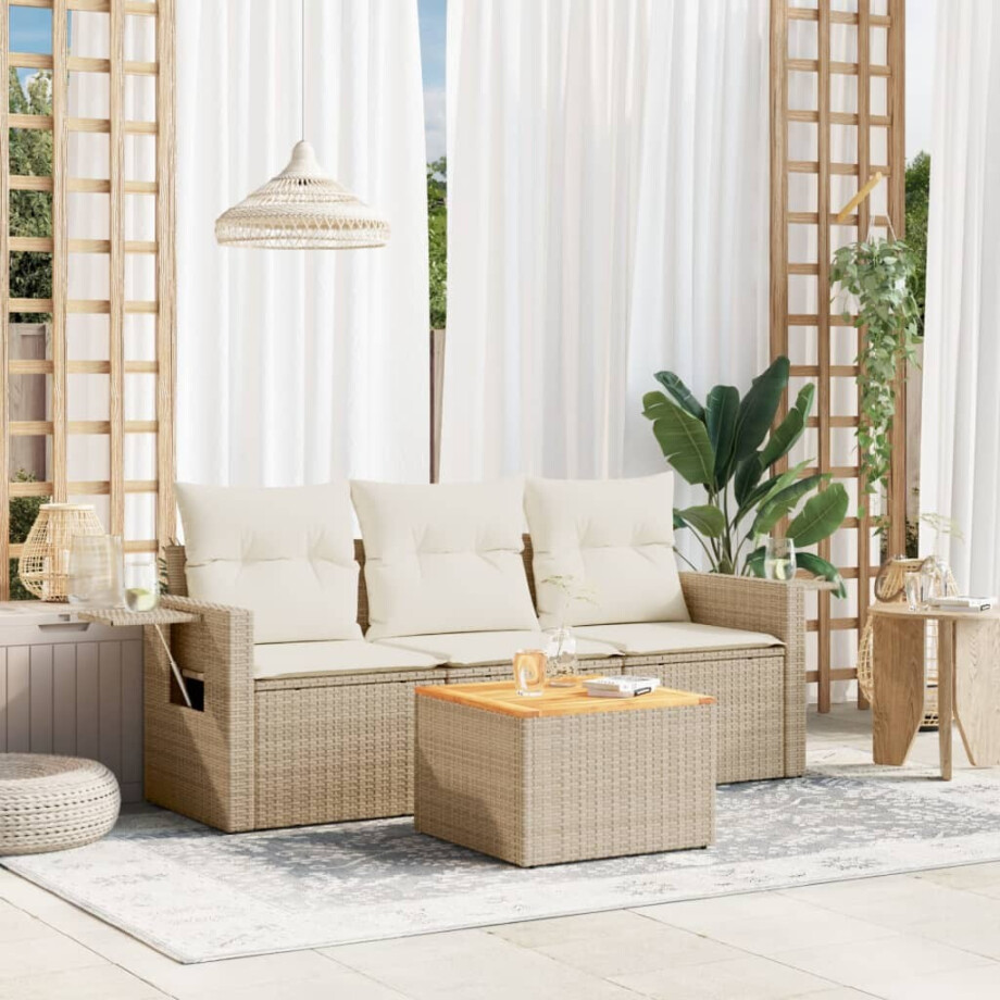 vidaXL 4-delige Loungeset met kussens poly rattan beige afbeelding 1