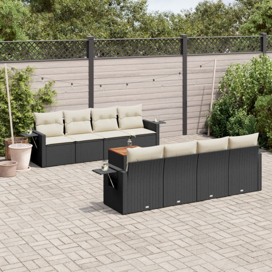 vidaXL 9-delige Loungeset met kussens poly rattan zwart vidaXL 9-delige Loungeset met kussens poly rattan zwart afbeelding 1