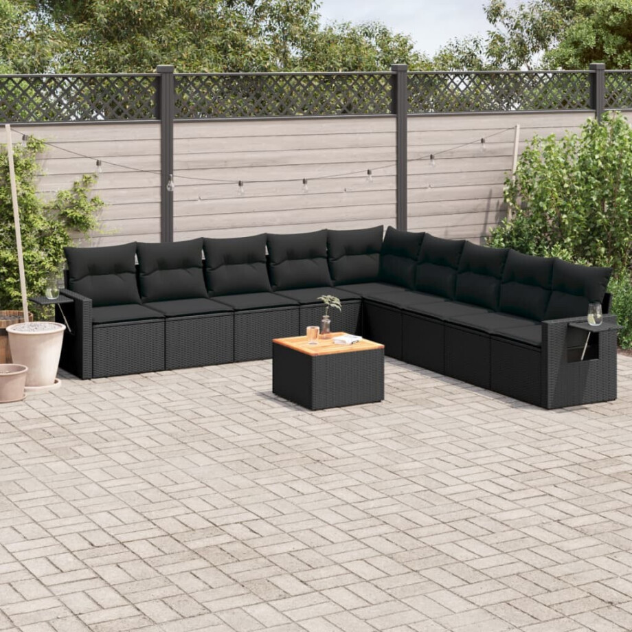 vidaXL 10-delige Loungeset met kussens poly rattan zwart afbeelding 1