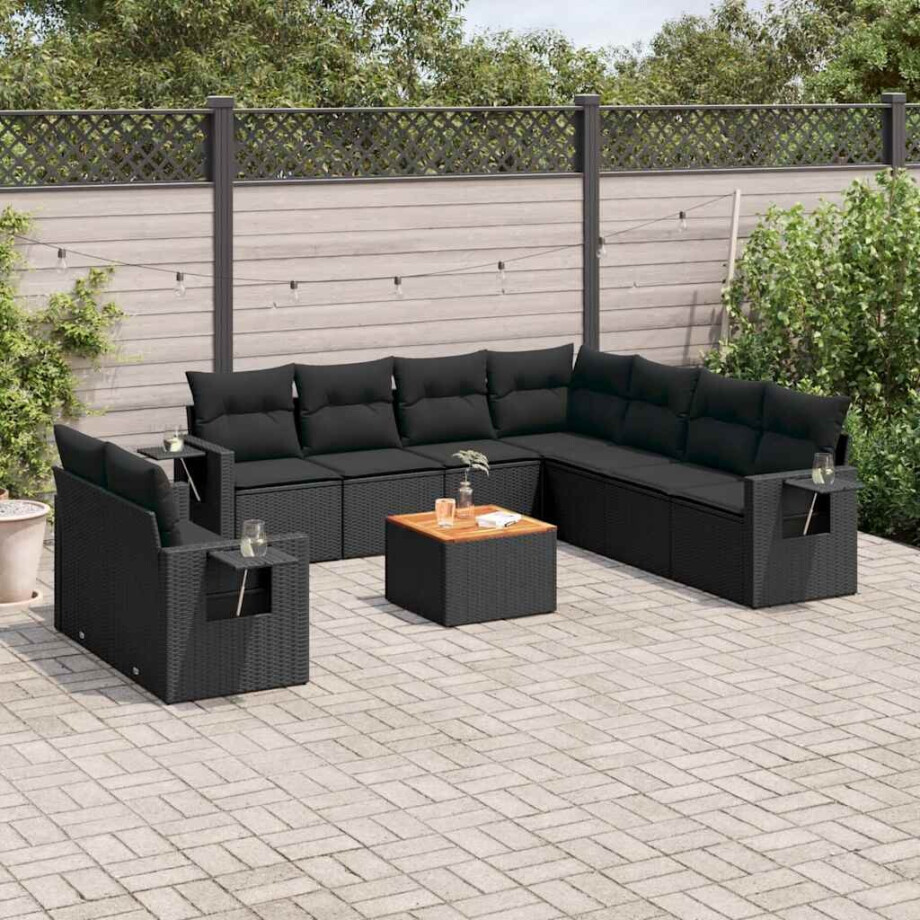 vidaXL 10-delige Loungeset met kussens poly rattan zwart afbeelding 1