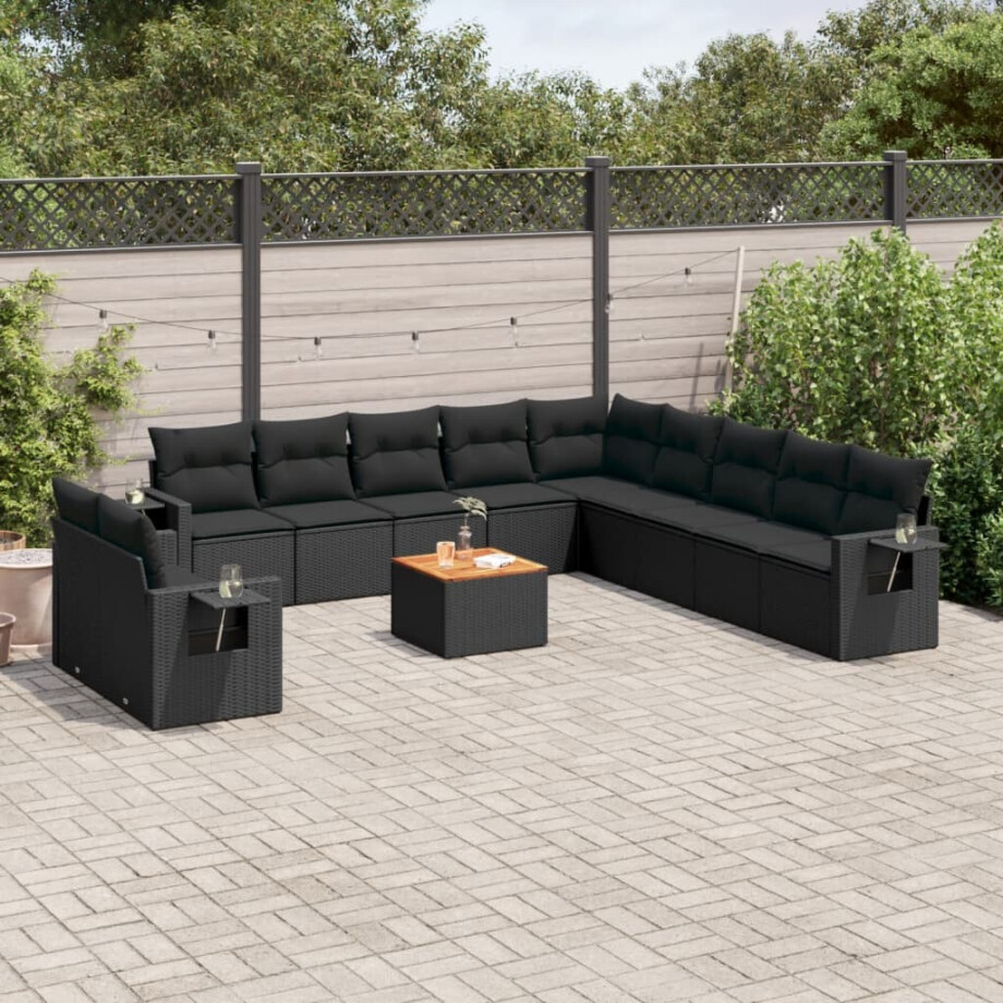 vidaXL 12-delige Loungeset met kussens poly rattan zwart afbeelding 1